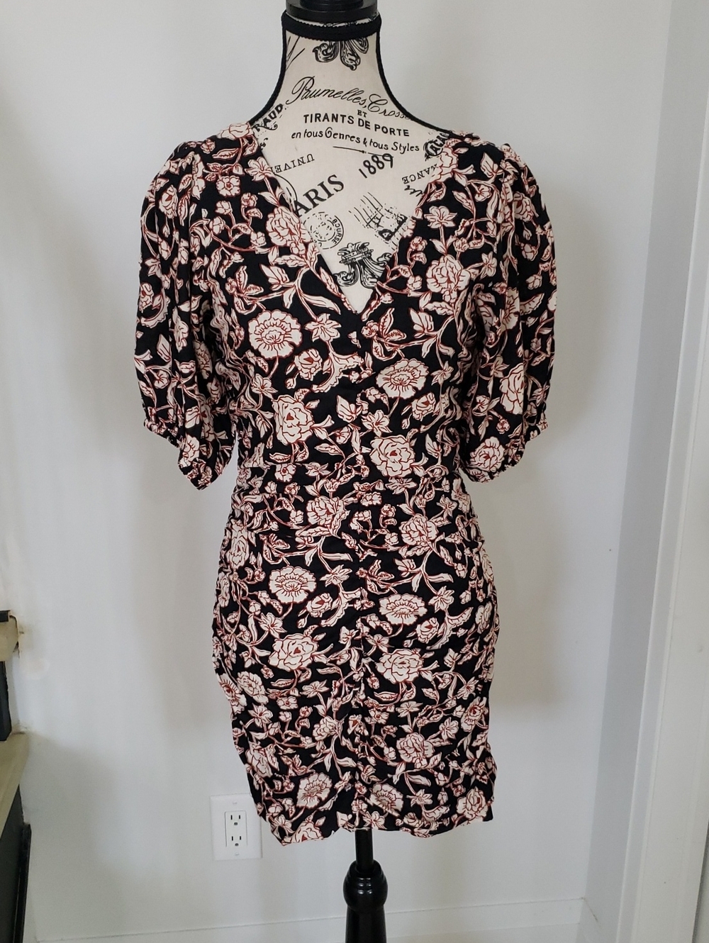 MY JEWELLERY | Women's Blk/Brown Linen Floral Puffed Sleeved Ruched Mini Dress